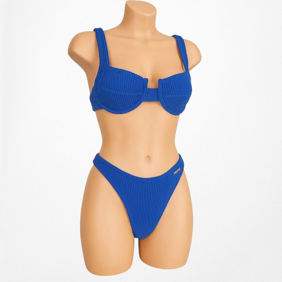 Nasty Gal Blue Ribbed Knit Two Piece Bikini Swim Suit Bathing Suit Size S - Picture 4 of 6